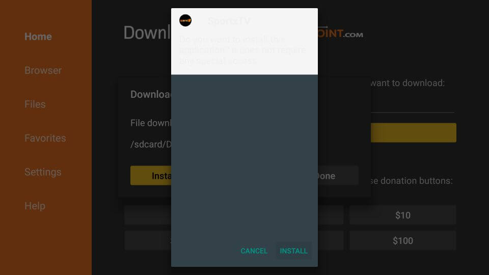 installer file for Sportz TV starts to download on your Firestick